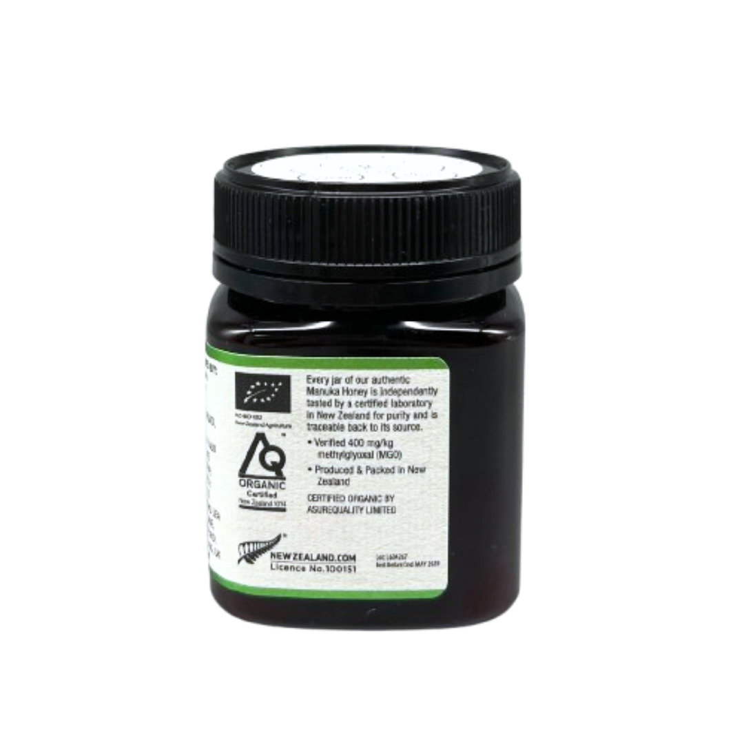 Wedderspoon Organic Raw Manuka Honey 400 MGO 250g jar showing organic certification label