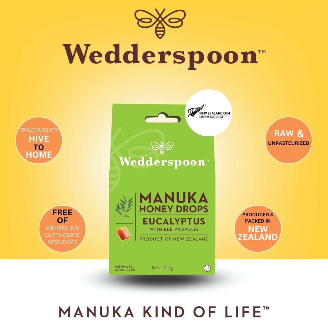 Wedderspoon Manuka Honey Drops Eucalyptus 20 Drops with Bee Propolis throat Drops in green packaging