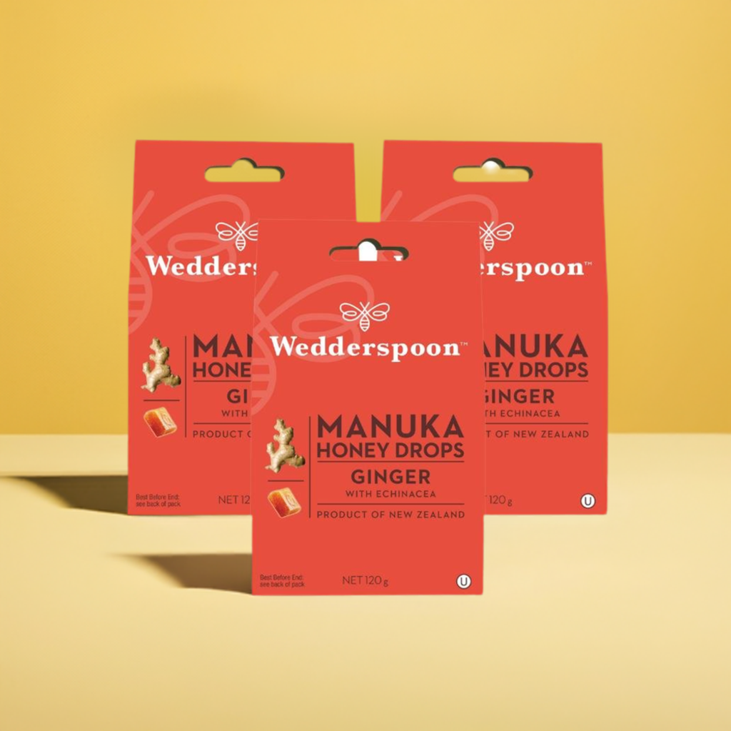 Wedderspoon Manuka honey drops ginger triple pack throat lozenges in red packaging