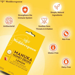 Wedderspoon manuka honey drops lemon flavour throat Drops with natural ingredients and immune support