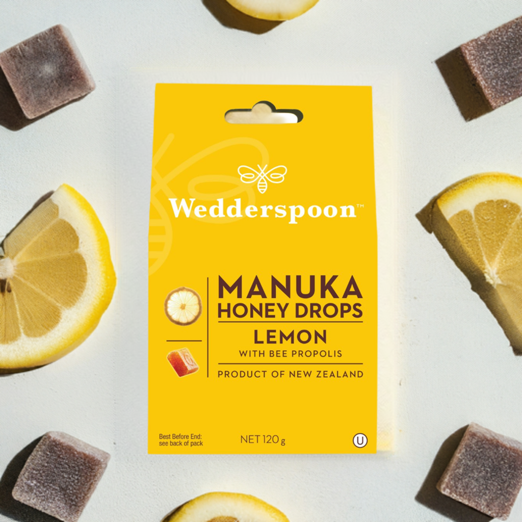 Wedderspoon manuka honey drops lemon flavour throat Drops with bee propolis in yellow packaging