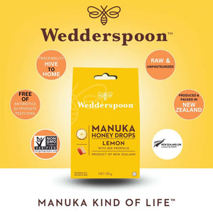 Wedderspoon manuka honey drops lemon flavoured throat Drops with bee propolis in yellow packaging