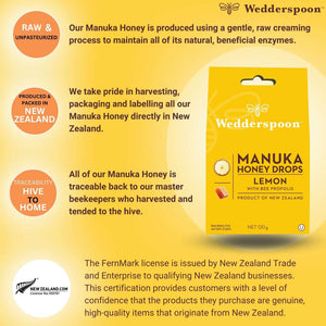 Wedderspoon manuka honey drops lemon flavour throat Drops in yellow packaging with honey and bee propolis