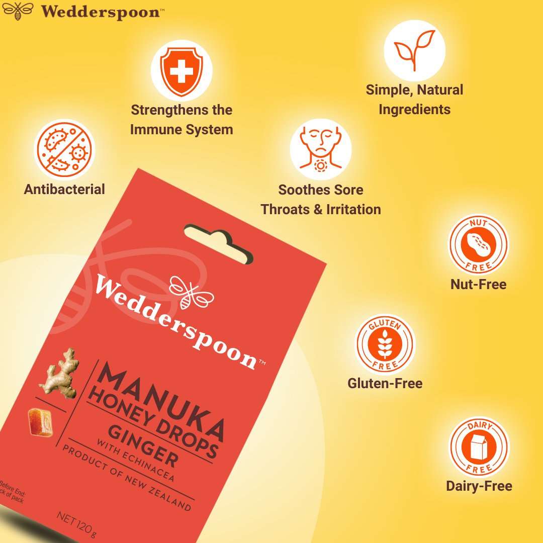 Wedderspoon manuka honey ginger drops throat lozenges with immune support and natural ingredients