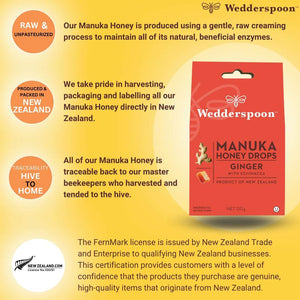 Wedderspoon manuka honey ginger drops throat lozenges in red packaging with natural raw honey benefits