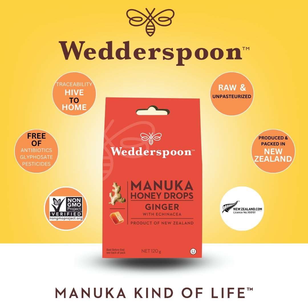 Wedderspoon manuka honey ginger drops throat lozenges with echinacea in red packaging