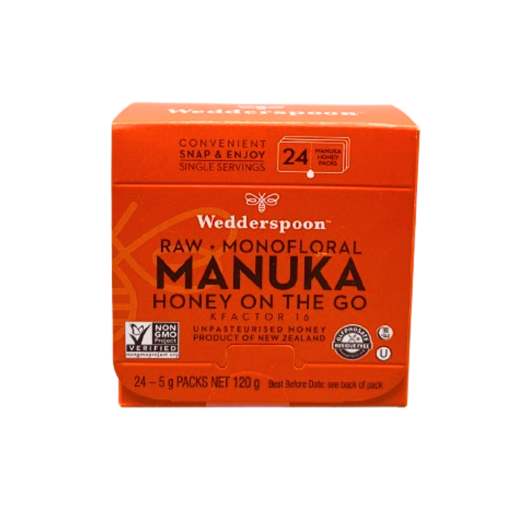 Wedderspoon Manuka honey snap packs box with 24 single serving raw monofloral honey packs