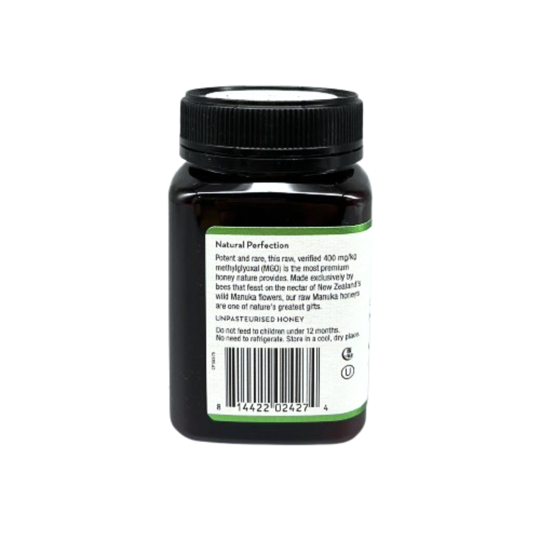 Wedderspoon Organic Raw Manuka Honey 400 MGO 500g bottle showing back label with product details