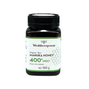 Wedderspoon Organic Raw Manuka Honey 400 MGO 500g jar made in New Zealand with black lid