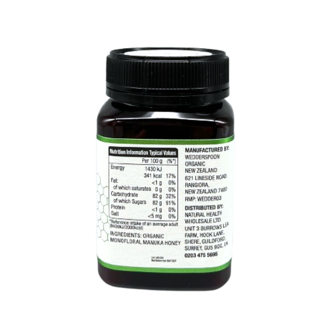 Wedderspoon Organic Raw Manuka Honey 400 MGO 500g bottle showing nutrition and manufacturing details