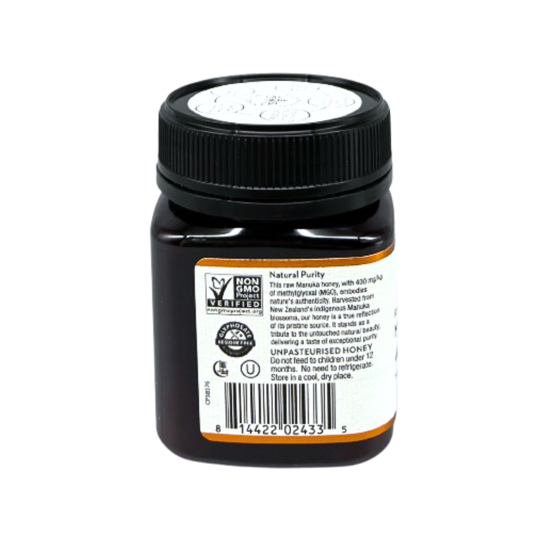 Wedderspoon Raw Manuka Honey 400 MGO 250g Unpasteurised dark jar showing product label and black lid
