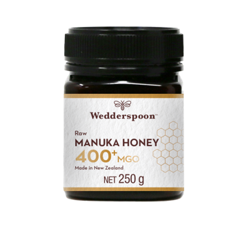 Wedderspoon Raw Manuka Honey 400 MGO 250g Unpasteurised jar with black lid and white label
