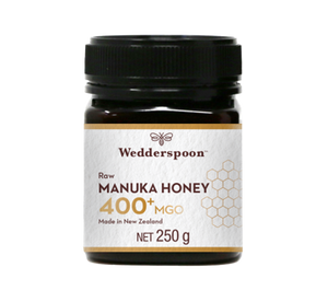 Wedderspoon Raw Manuka Honey 400 MGO 250g Unpasteurised jar with black lid and white label