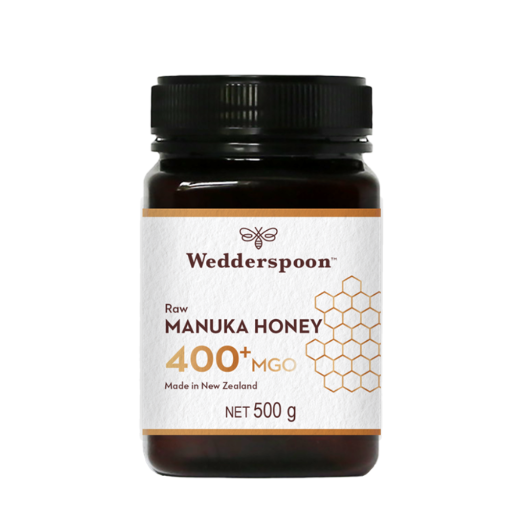 Wedderspoon Raw Manuka Honey 400 MGO 500g jar with black lid and white label from Wedderspoon
