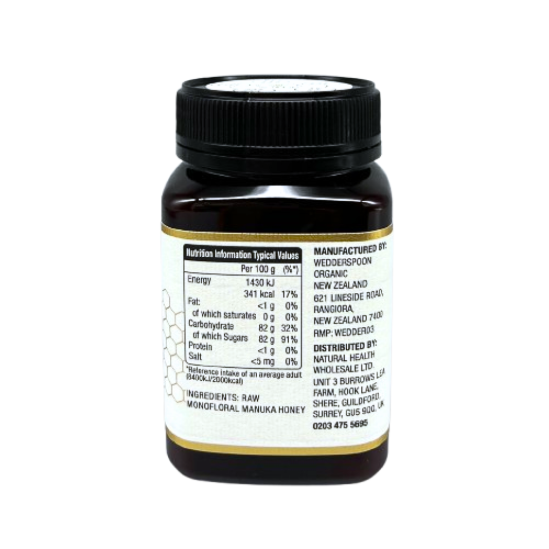 Back view of Wedderspoon Raw Manuka honey 850 MGO 500g jar showing nutrition facts and manufacturer label