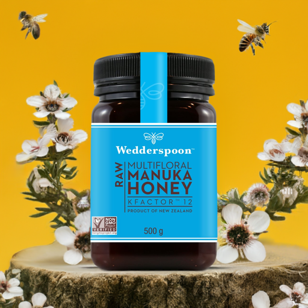 Wedderspoon Raw Manuka honey KFactor 12 500g jar with floral background and bees
