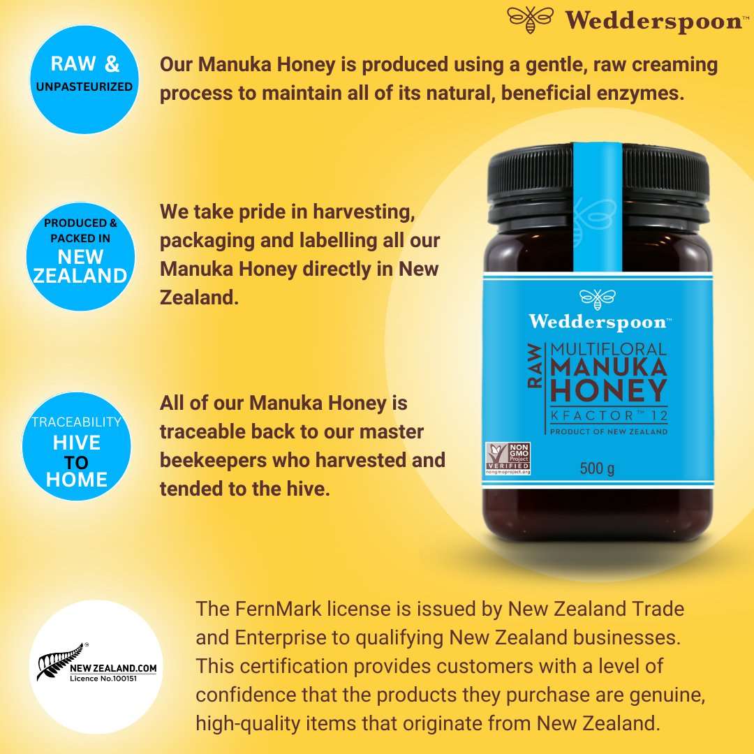 Wedderspoon Raw Manuka honey KFactor 12 500g jar with blue label showing natural and raw unpasteurized honey from New Zealand