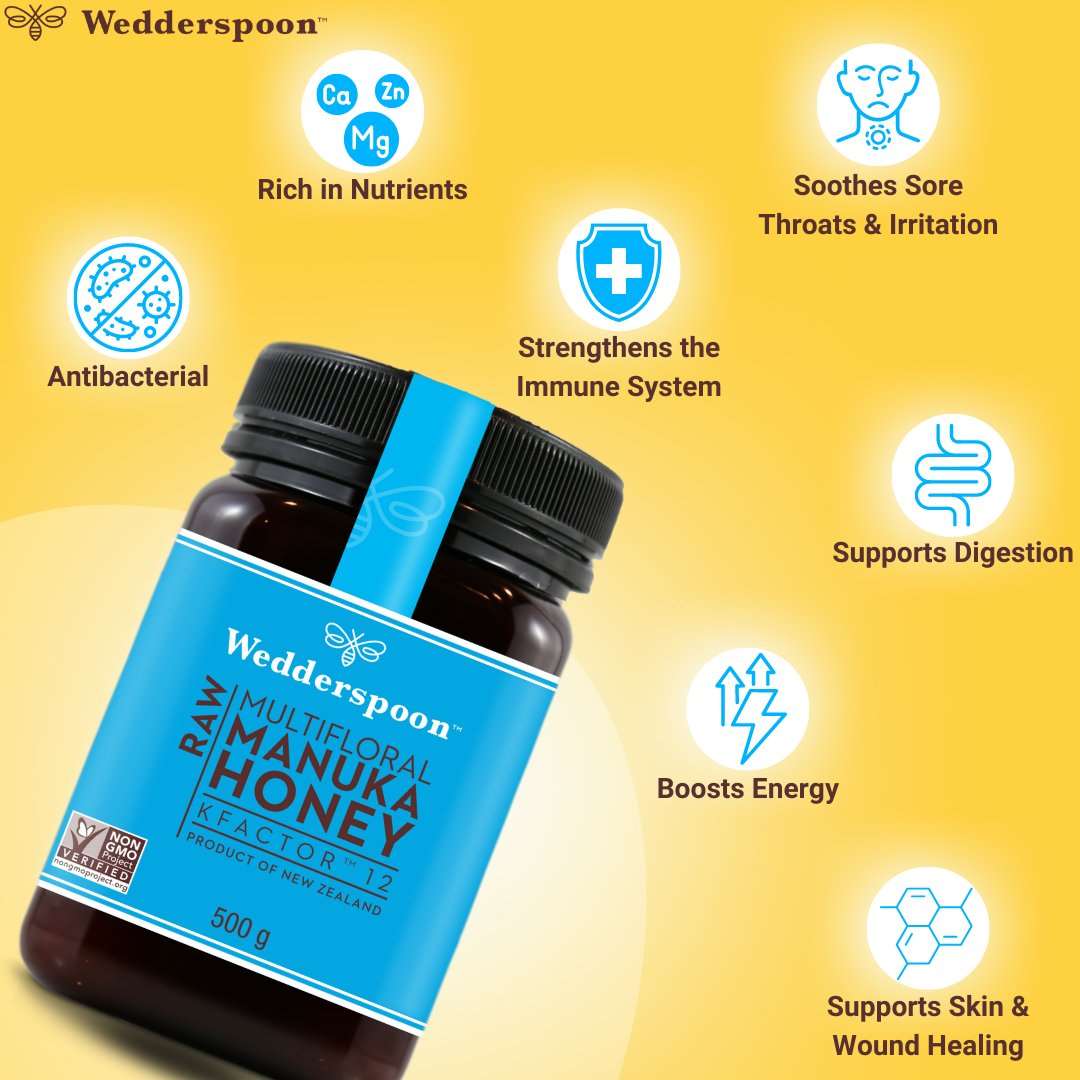 Wedderspoon Raw Manuka honey KFactor 12 500g jar highlighting antibacterial, nutrient-rich, and immune-boosting benefits