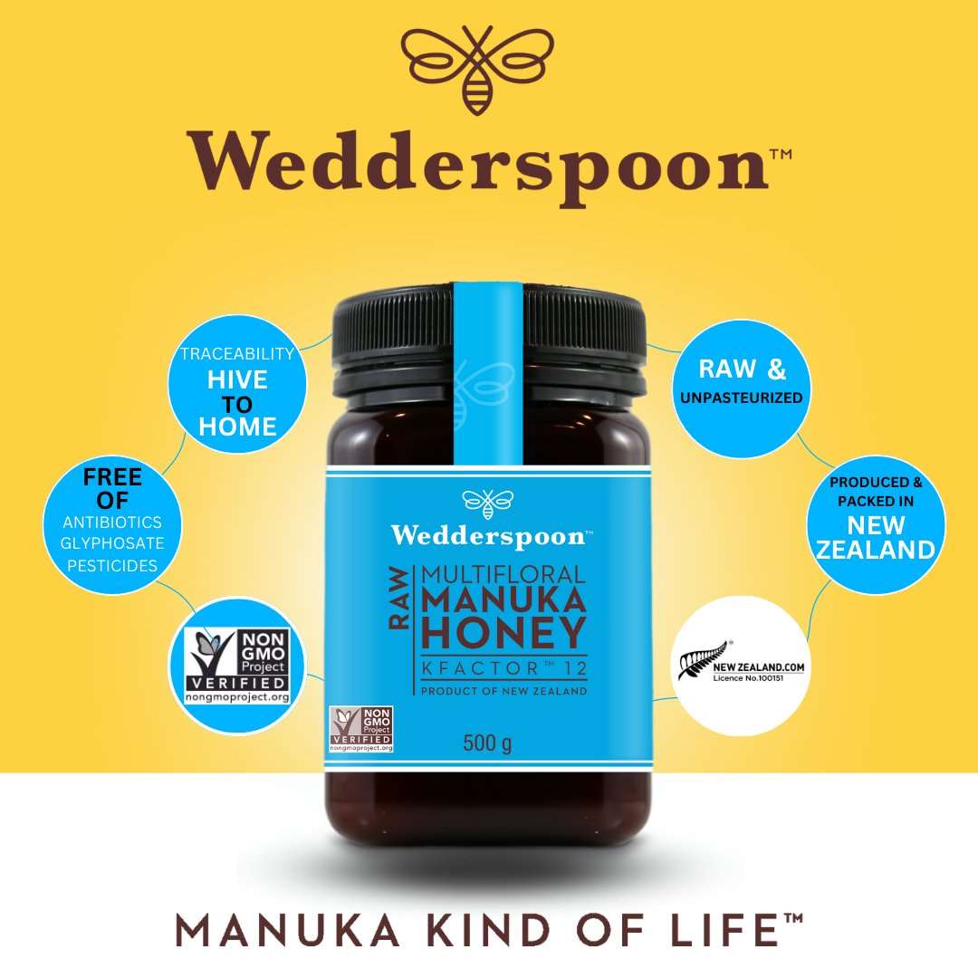 Wedderspoon Raw Manuka honey KFactor 12 500g jar with blue label and black lid on yellow background