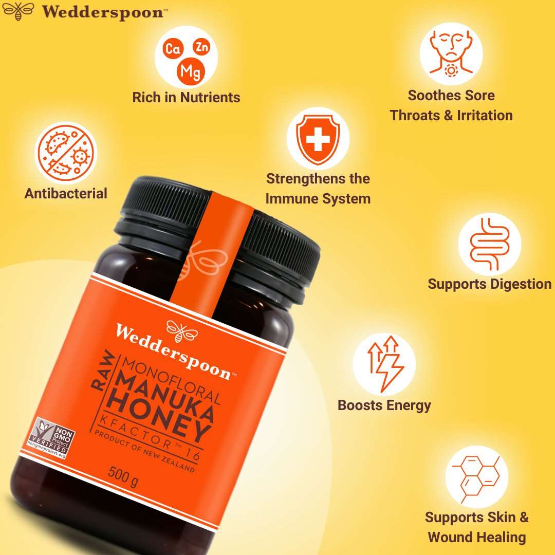 Wedderspoon Raw Manuka Honey KFactor 16 Six Pack jar highlighting antibacterial and immune system benefits