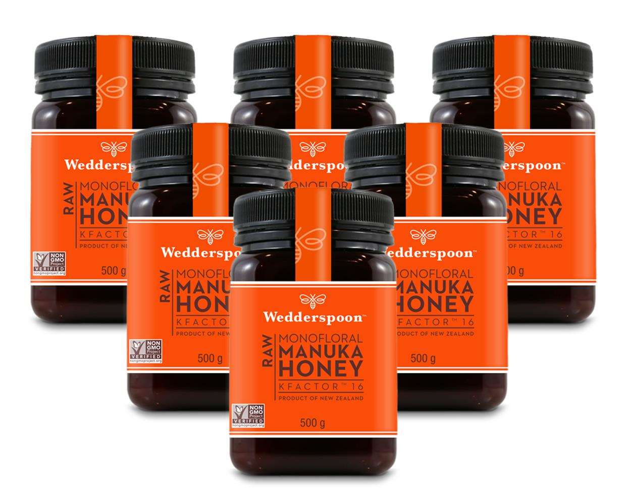 Wedderspoon Raw Manuka Honey KFactor 16 Six Pack jars showing orange labels and black lids