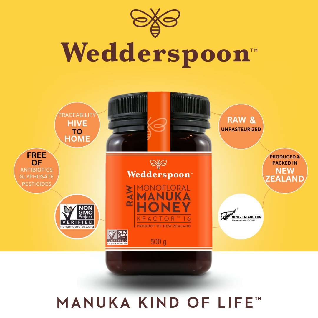 Wedderspoon Raw Manuka Honey KFactor 16 Six Pack jar with bright orange label on yellow background