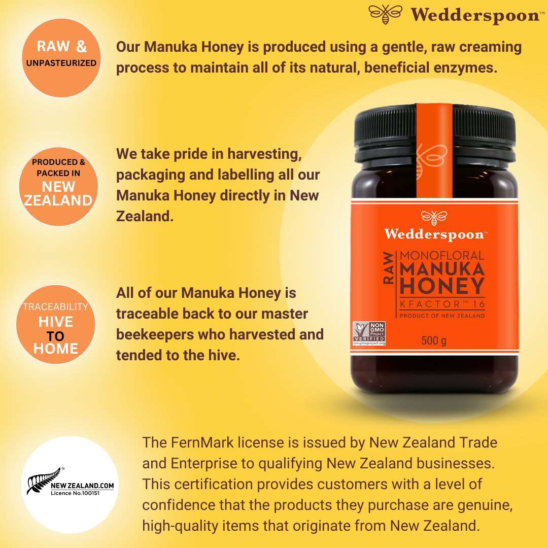Wedderspoon Raw Manuka Honey KFactor 16 Six Pack featuring 500g jar with natural enzymes from New Zealand