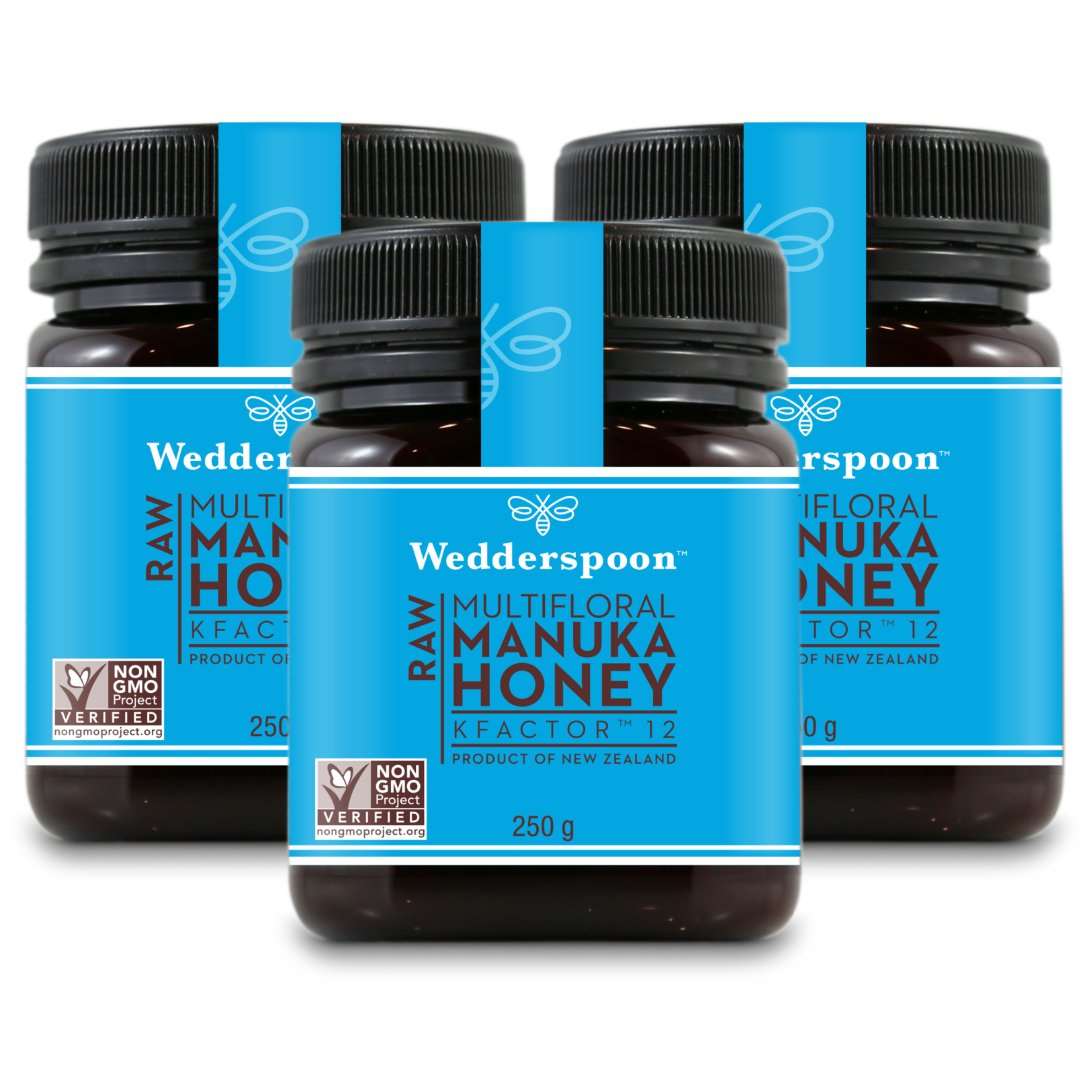 Wedderspoon Raw Manuka Honey Triple Pack with 250g jars of multifloral New Zealand honey