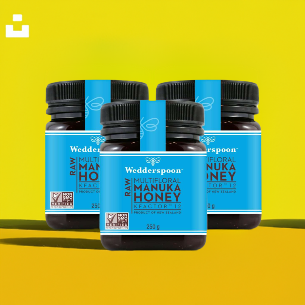 Wedderspoon Raw Manuka Honey Triple Pack with 250g jars of multifloral honey from New Zealand