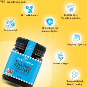 Wedderspoon Raw Manuka Honey Triple Pack jar highlighting antibacterial, immune system support, digestion aid, and soothing benefits