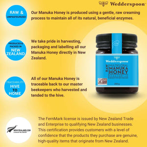 Wedderspoon Raw Manuka Honey Triple Pack showcasing blue label jars with raw, unpasteurized honey from New Zealand