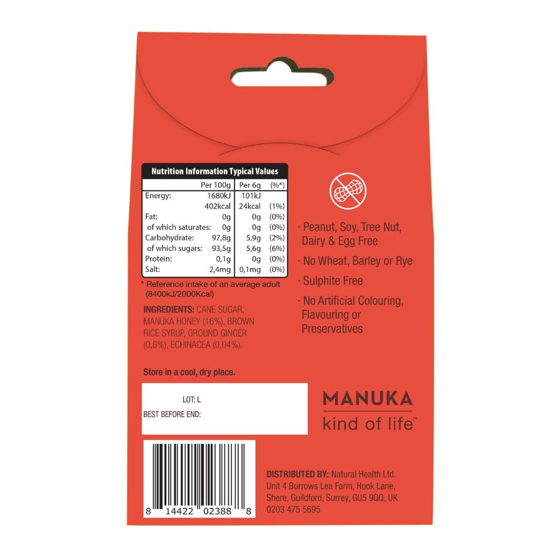 Back of red Wedderspoon manuka honey ginger drops packaging showing nutrition info and ingredients
