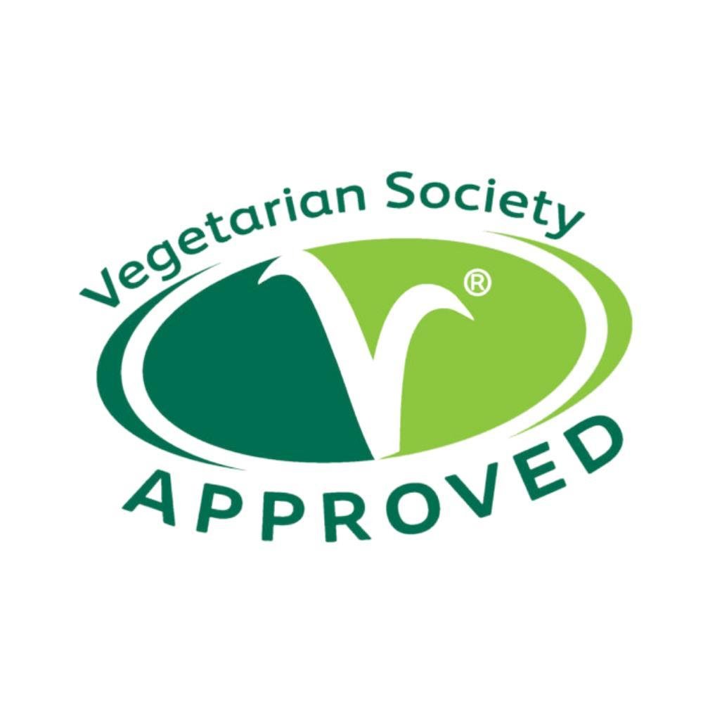 Vegetarian Society Approved logo featuring green and white design indicating product suitability