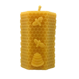 Bee Happy Large Honeycomb Pillar with Bees - Pure Beeswax Candle - Manuka Honey Direct - Bee Happy