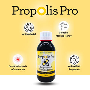 Propolis throat syrup with manuka honey bottle showing antibacterial and antioxidant benefits for throat irritation