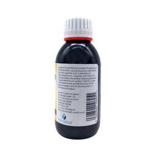 Manuka Honey Direct propolis throat syrup with manuka honey in a black bottle with white cap and detailed label