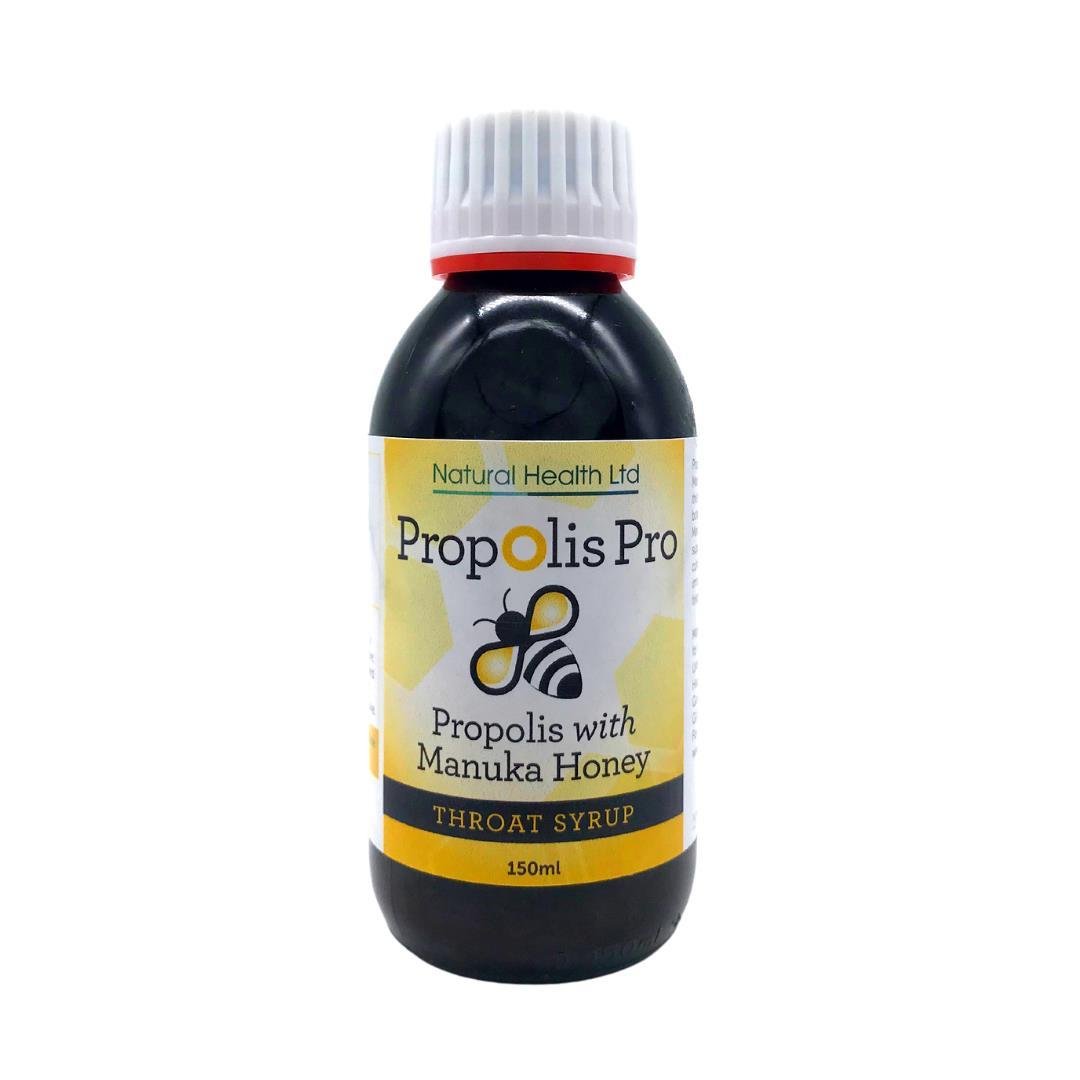Manuka Honey Direct propolis throat syrup with manuka honey in 150ml dark bottle for soothing throat care