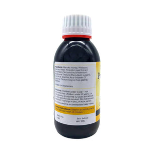 Propolis throat syrup with manuka honey bottle by Manuka Honey Direct with dosage and storage instructions