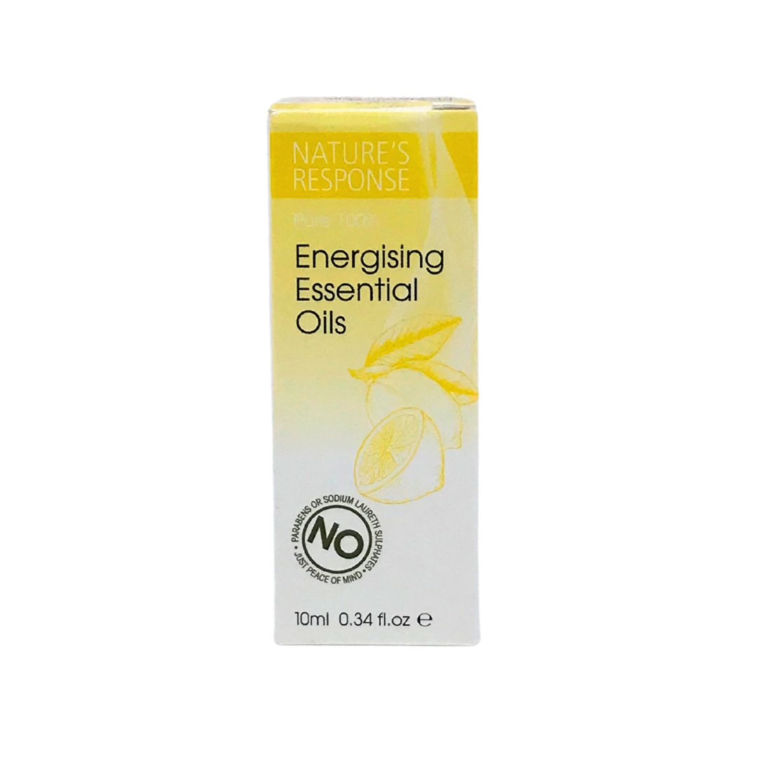 Natures Response tea tree essential oil 10ml boxed energising essential oils yellow carton with lemon illustration