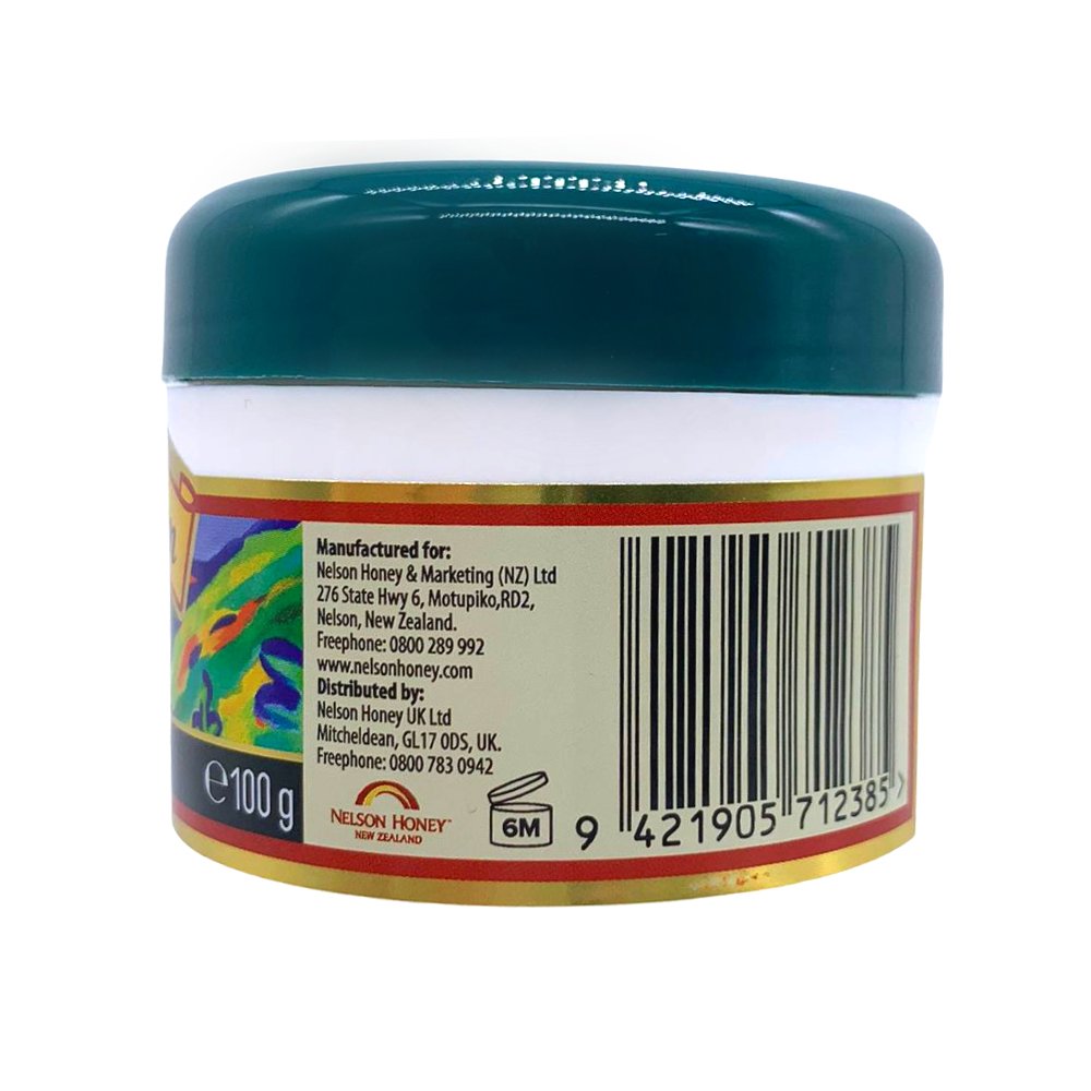 Nelsons Honey 100g jar back label and barcode for manuka honey bee venom cream with green lid