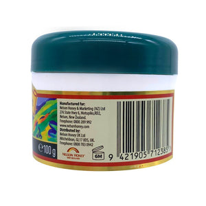 Nelsons Honey 100g jar back label and barcode for manuka honey bee venom cream with green lid