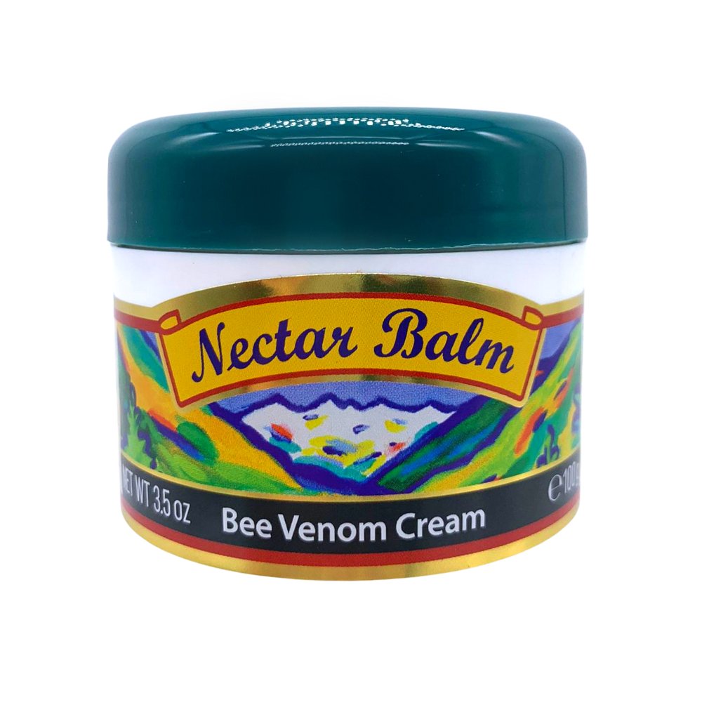 Nectar Balm jar with green lid and colourful label showing Bee Venom Cream by Nelsons Honey manuka honey bee venom cream