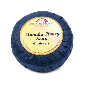 Nelsons Honey round wrapped bar with cream label manuka honey gardeners soap for hardworking hands