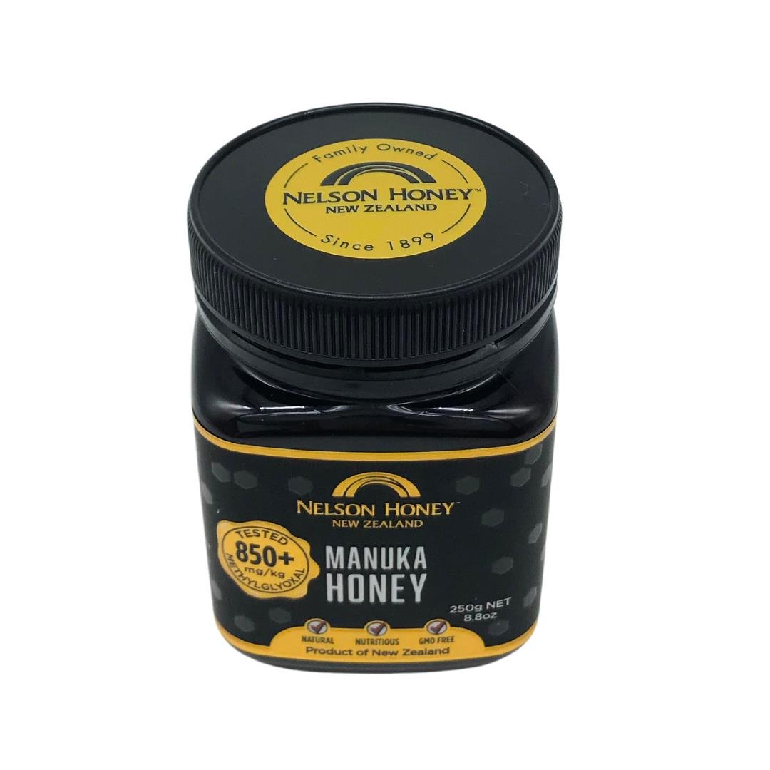 Nelson Manuka honey MGO 850+ in black jar with yellow label from Nelsons Honey New Zealand 250g