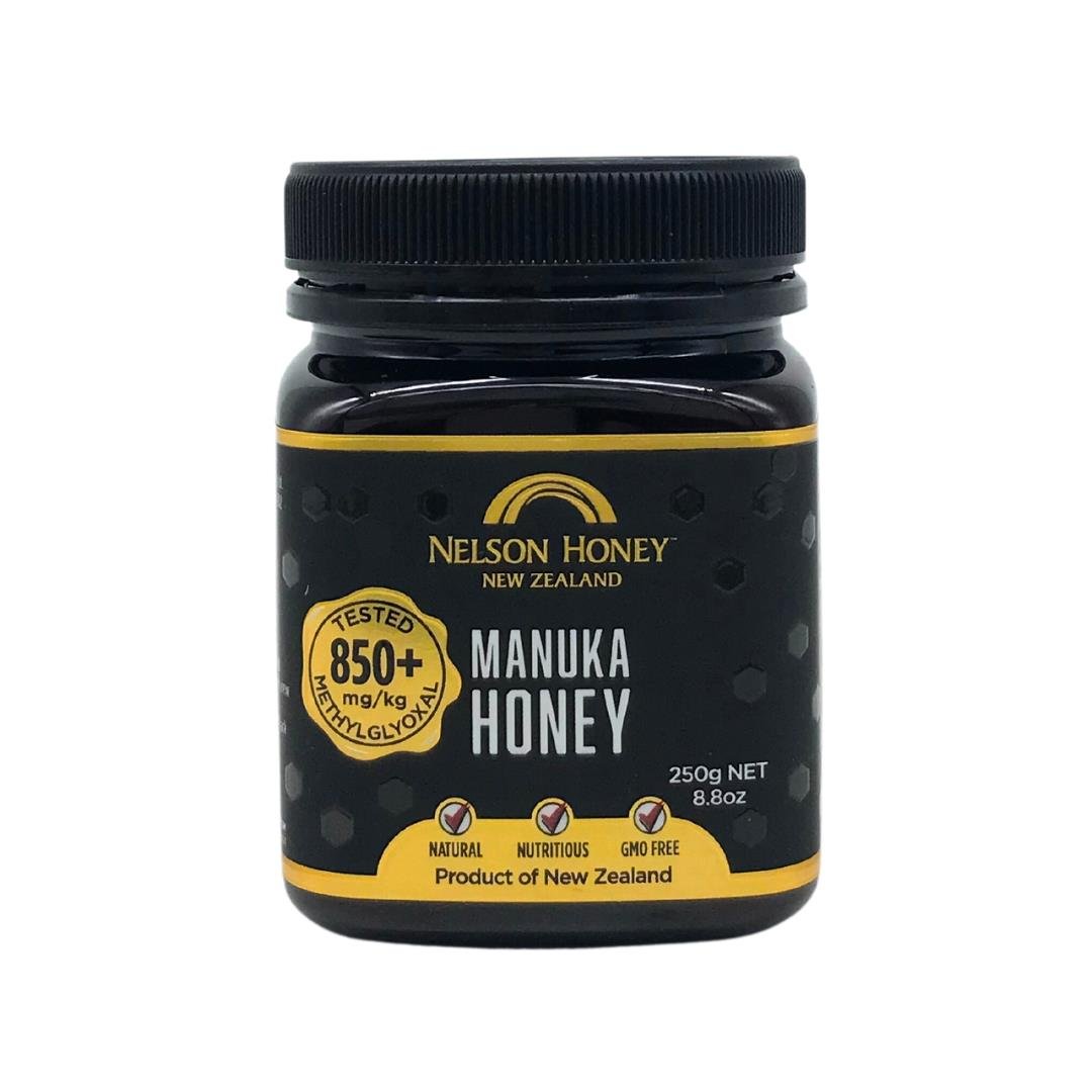Nelson Manuka honey MGO 850+ black 250g jar from Nelson Honey New Zealand with 850+ test badge
