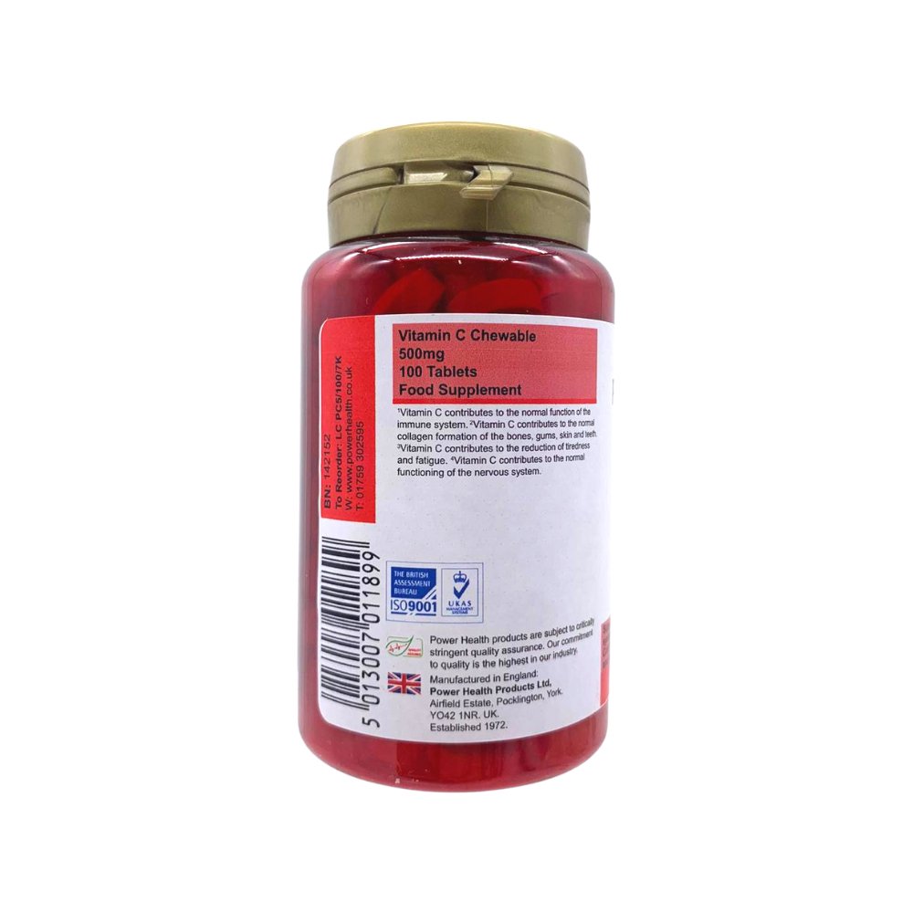 PowerHealth red bottle with gold cap showing back label for chewable vitamin C 500mg tablets 100 count food supplement