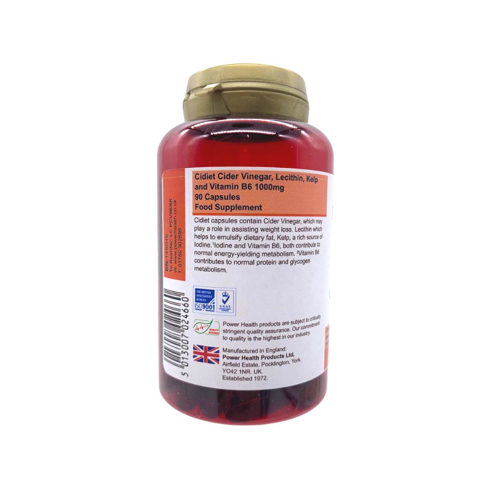 PowerHealth cidiet cider vinegar capsules food supplement 90 capsule bottle with gold lid and white orange label