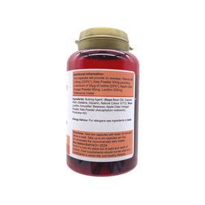 PowerHealth bottle of cidiet cider vinegar capsules in red bottle with gold cap showing back label
