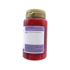 PowerHealth supplement bottle of collagen capsules 400mg in red capsules with white label and gold lid