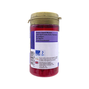 PowerHealth green lipped mussel supplement UK bottle showing label for 30 tablets with hyaluronic acid turmeric collagen